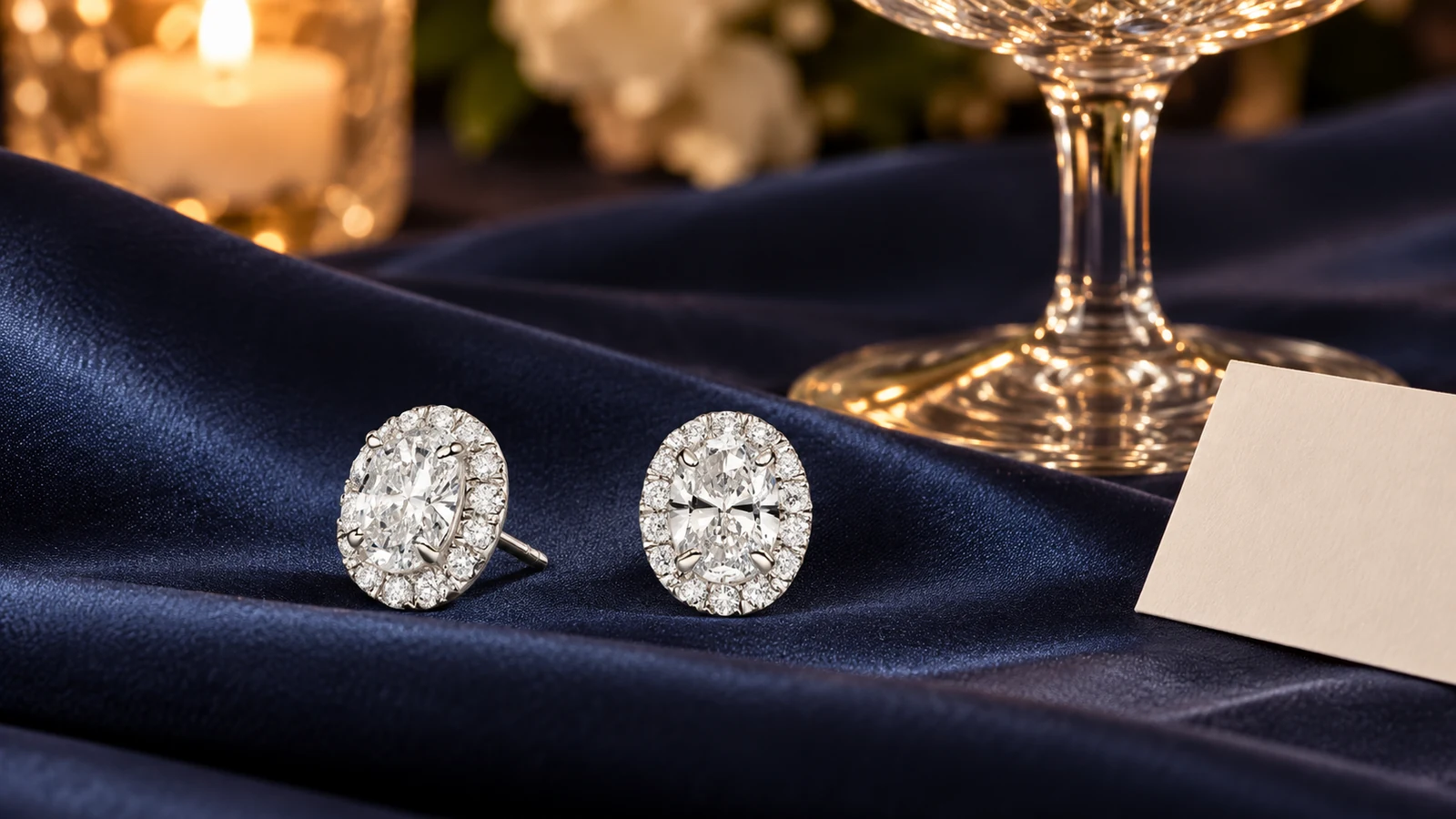 Oval halo stud earrings arranged on navy satin