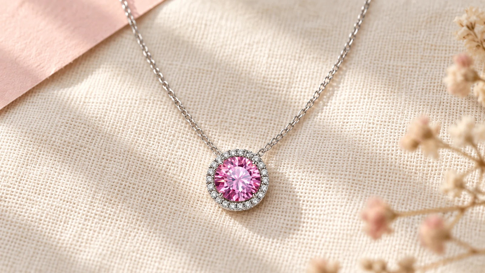 Pink moissanite halo pendant showing framed sparkle