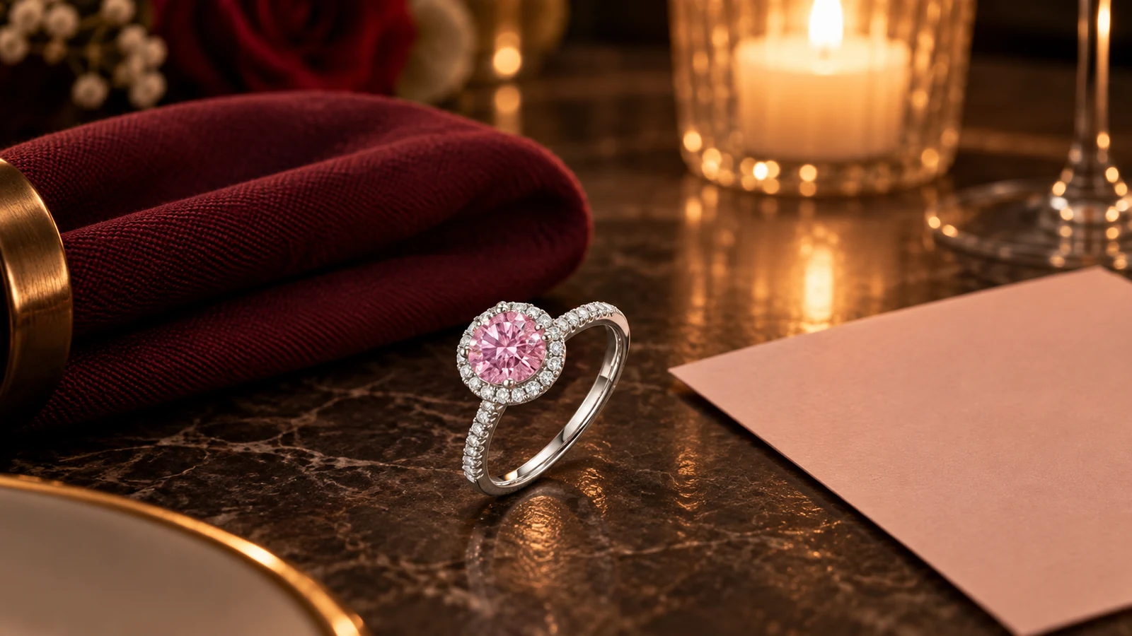 Pink moissanite halo ring in a warm date-night setting