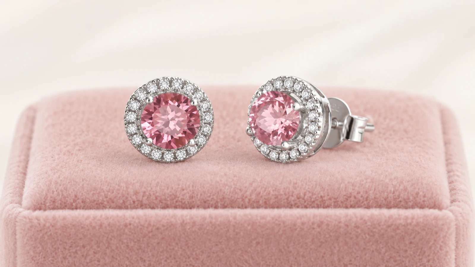 Pink moissanite halo stud earrings on a blush velvet pad