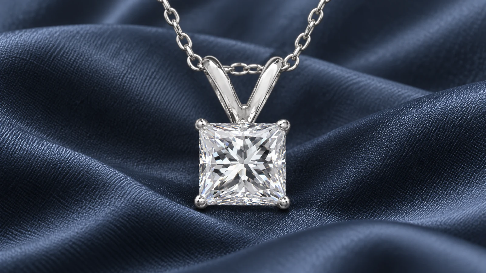 Princess-cut solitaire pendant on deep blue silk