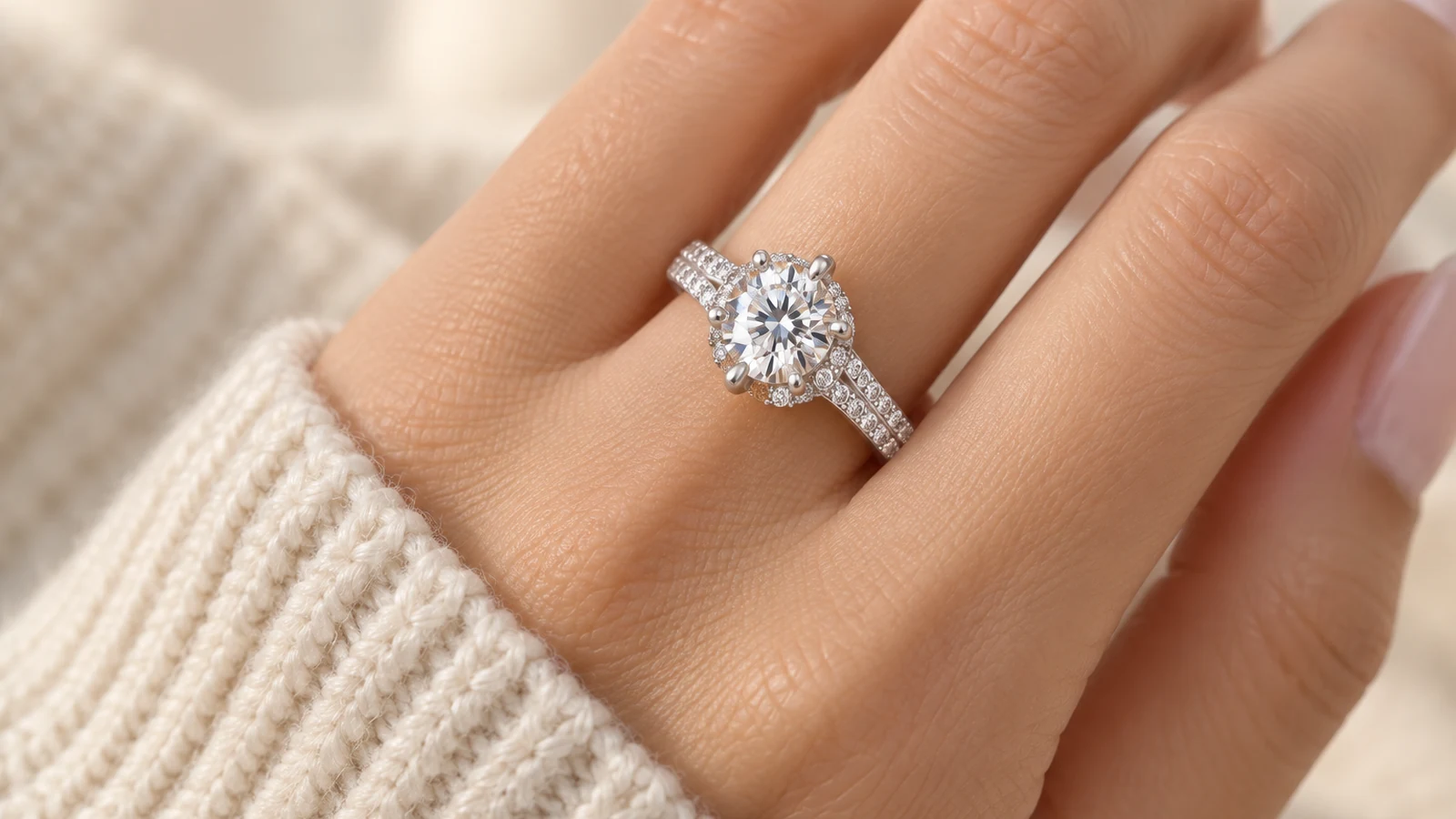 Round center stone and split pavé halo ring shown on a hand
