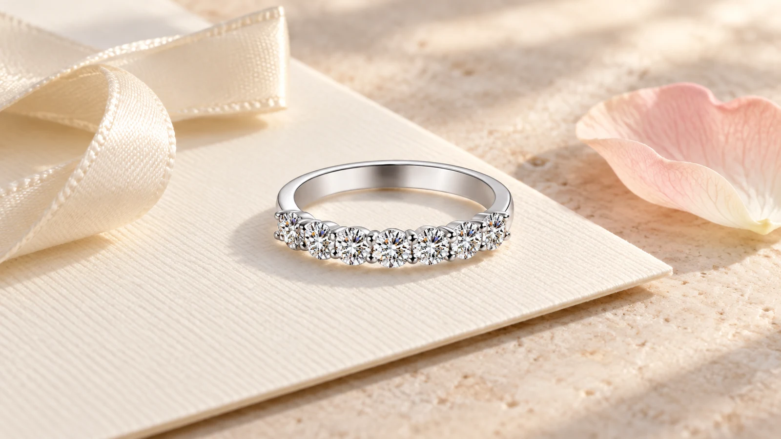 Seven-stone silver band styled for an anniversary