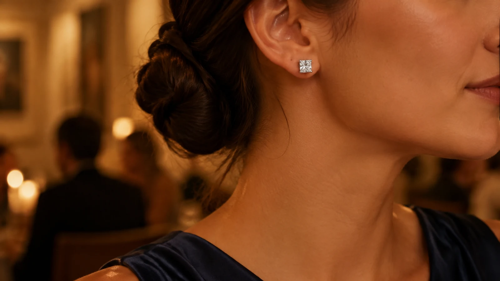 Woman wearing an MS0258 square cut stud earring with a navy evening outfit