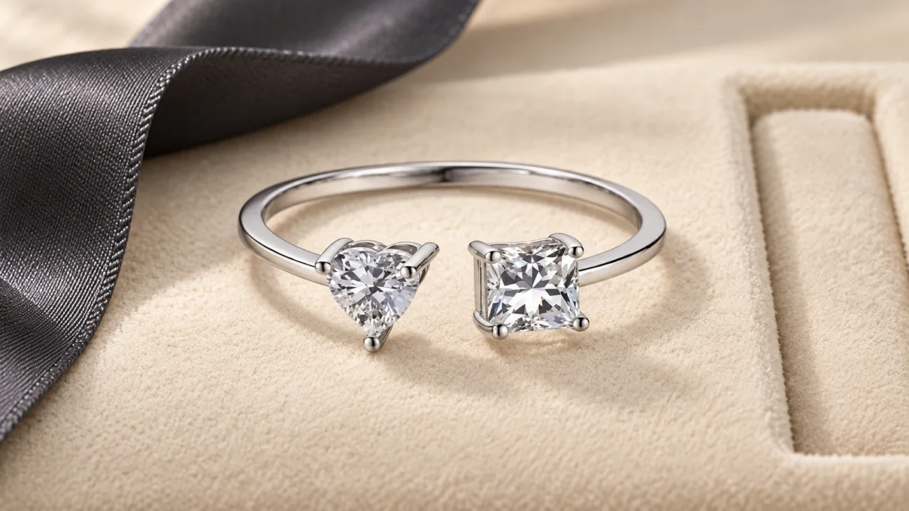 Heart and princess-cut bypass ring on an ivory suede tray