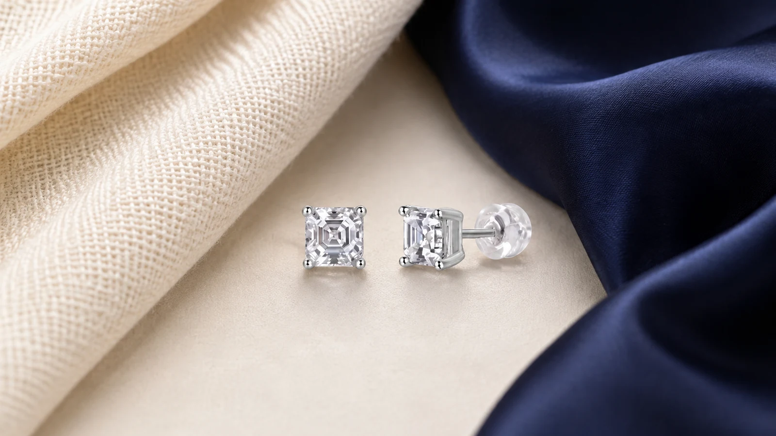 MS0258 square cut studs between cream cotton and navy satin
