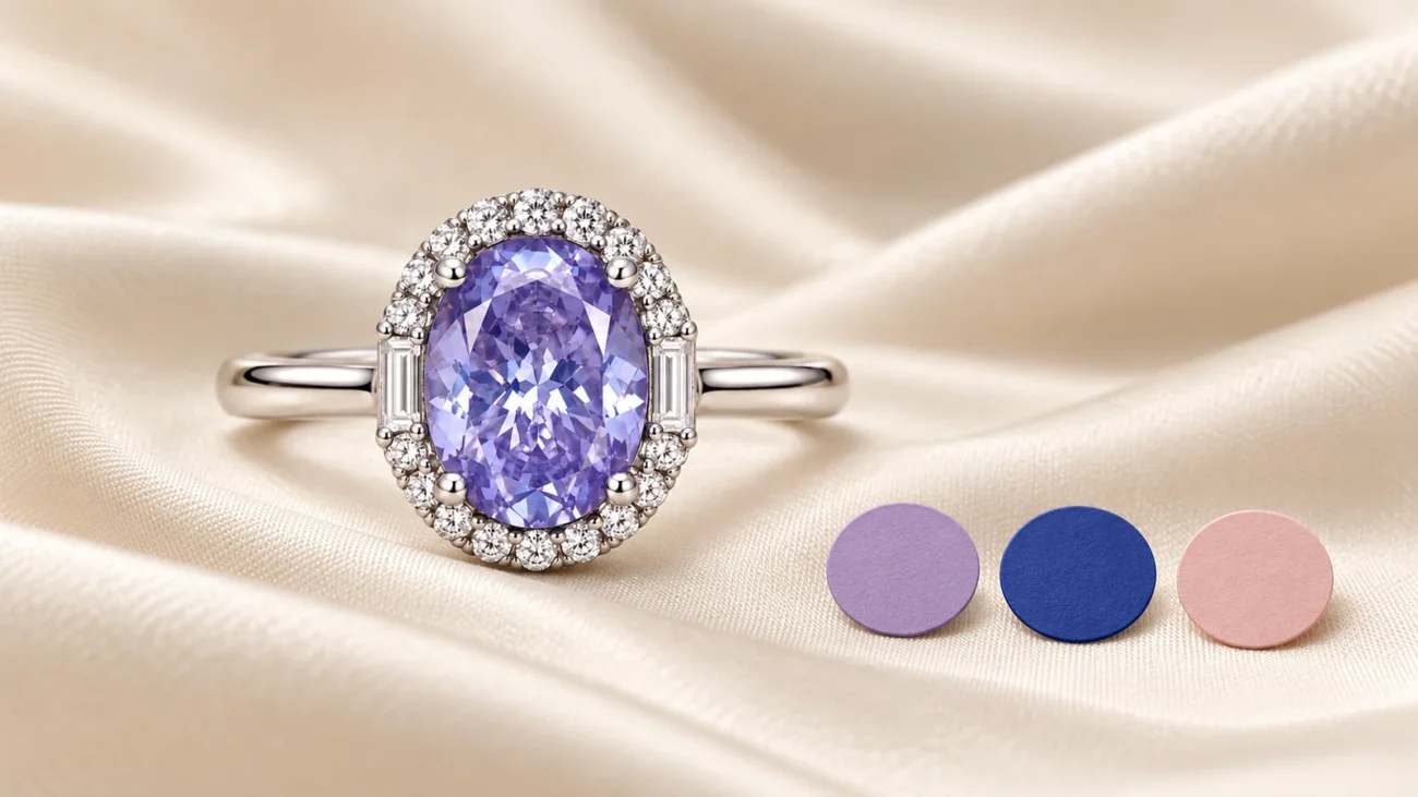 Lavender oval halo moissanite ring beside lavender, blue and pink color swatches