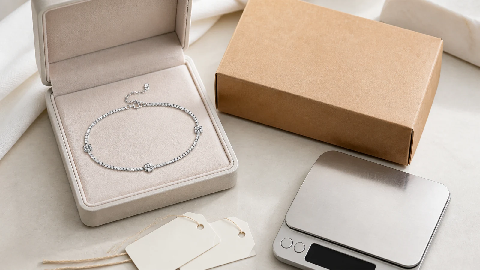 MS0105 bracelet with a shipping parcel, scale, and blank tags