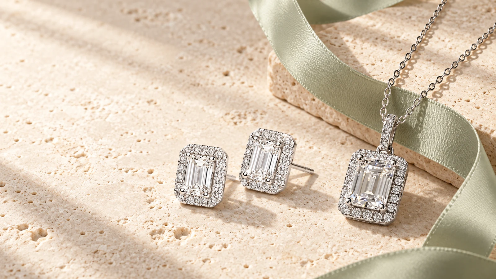 Emerald-cut halo earrings paired with a matching pendant