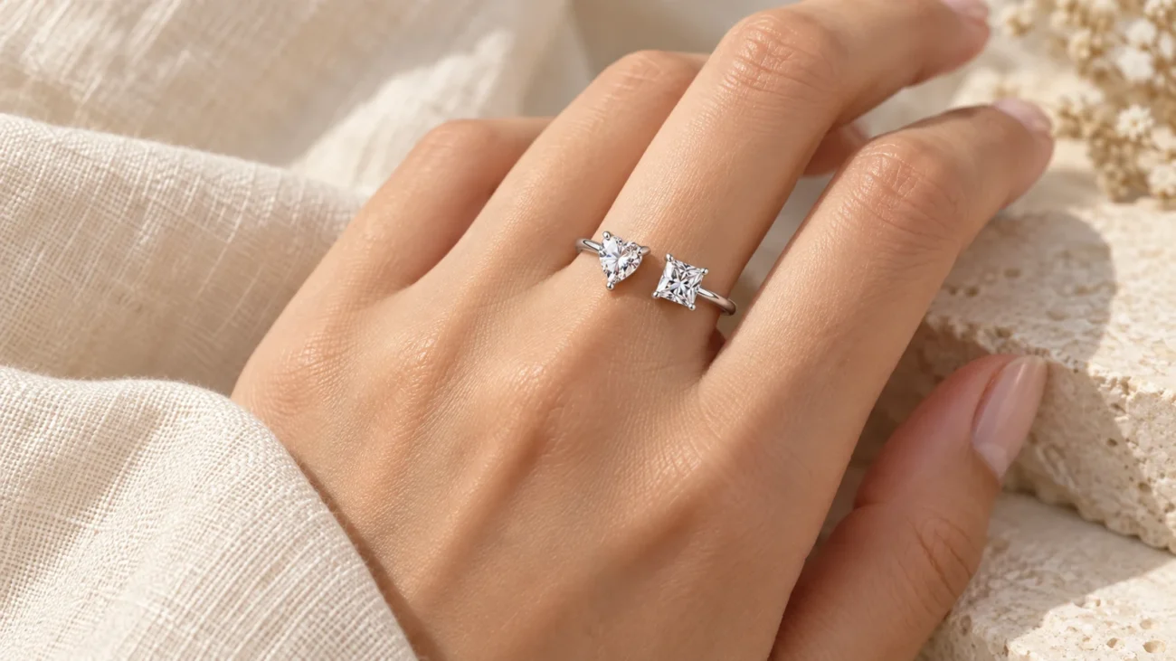 Heart-cut and princess-cut bypass ring from Sunshine Jewelry shown in a lifestyle setting