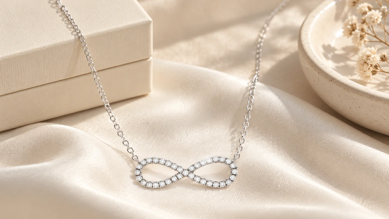 Infinity pavé necklace arranged on warm ivory silk