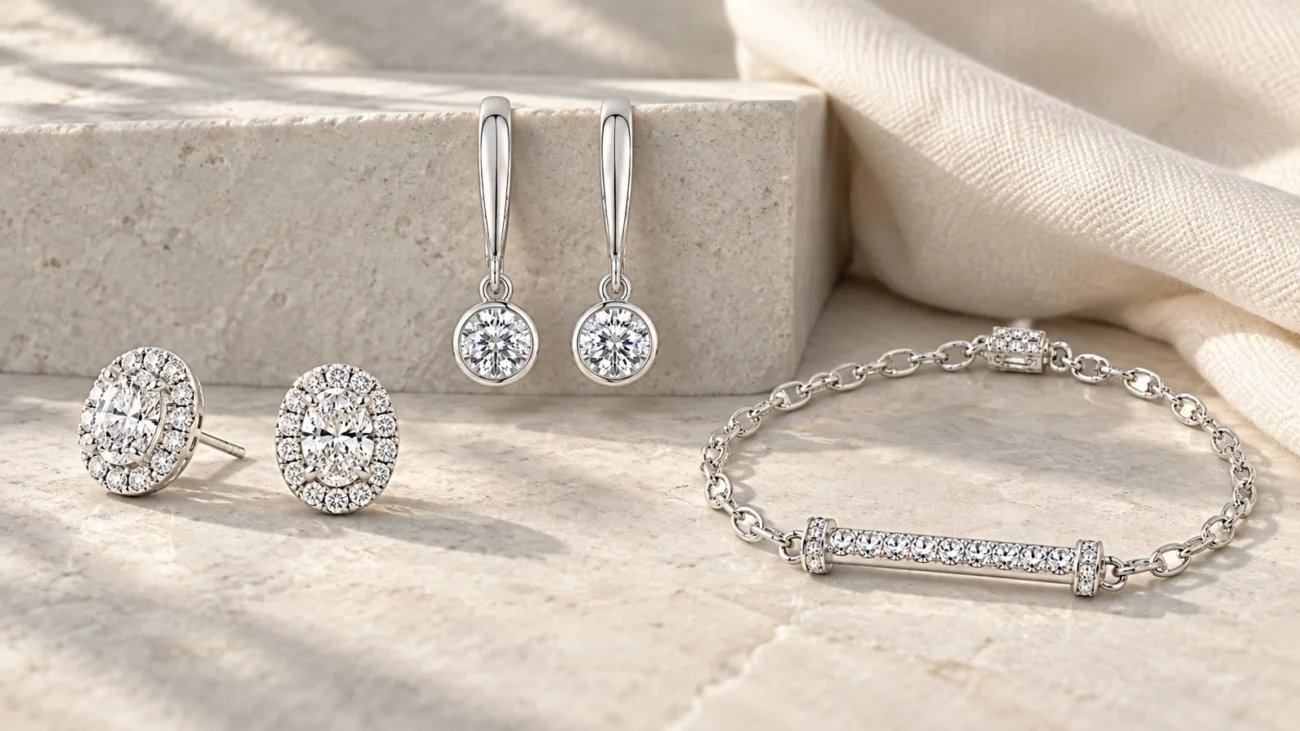Fixed studs, articulated dangle earrings, and flexible chain bracelet