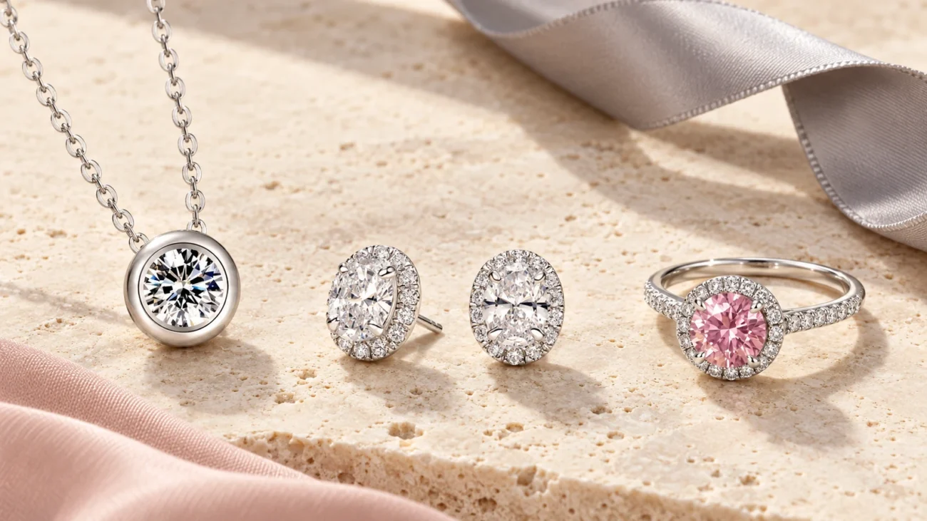 Pendant, oval halo studs, and pink halo ring for different occasions