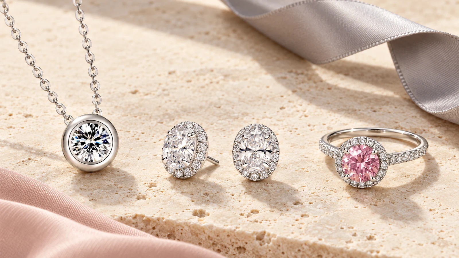 Pendant, oval halo studs, and pink halo ring for different occasions