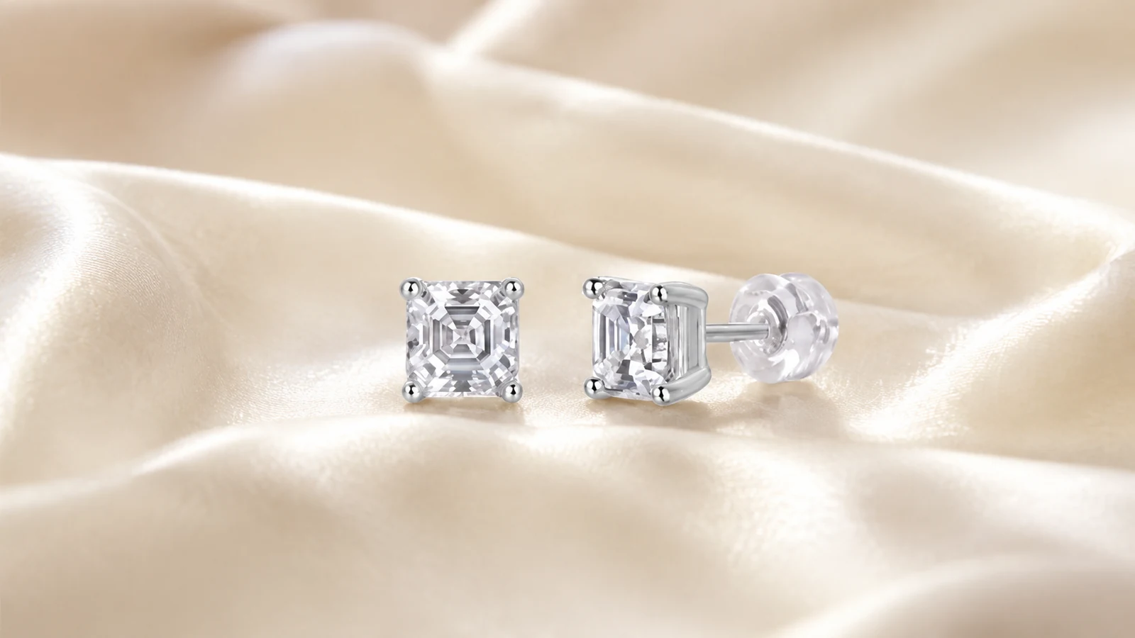 MS0258 square cut moissanite stud earrings on warm ivory silk