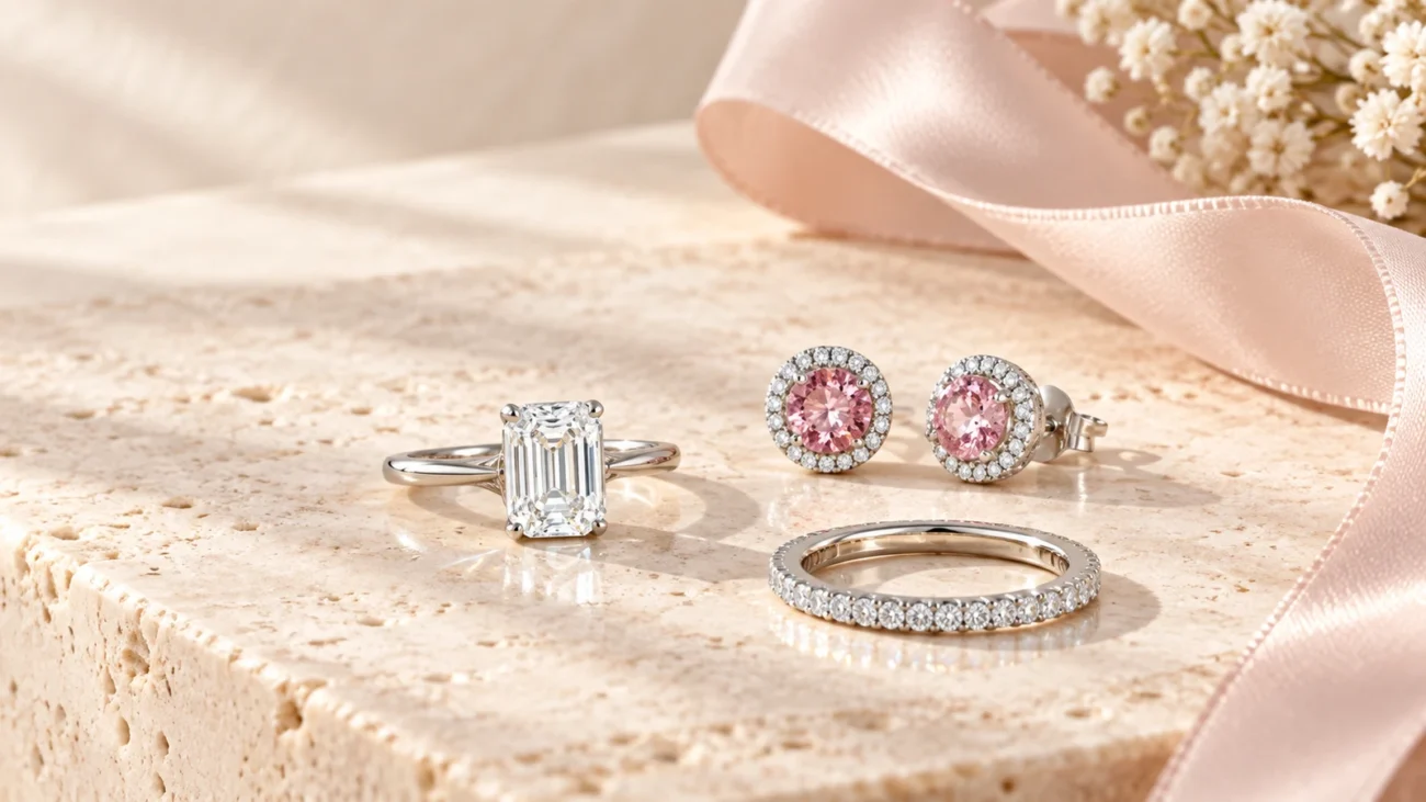 Solitaire ring, pink halo studs, and pave eternity band comparing sparkle density