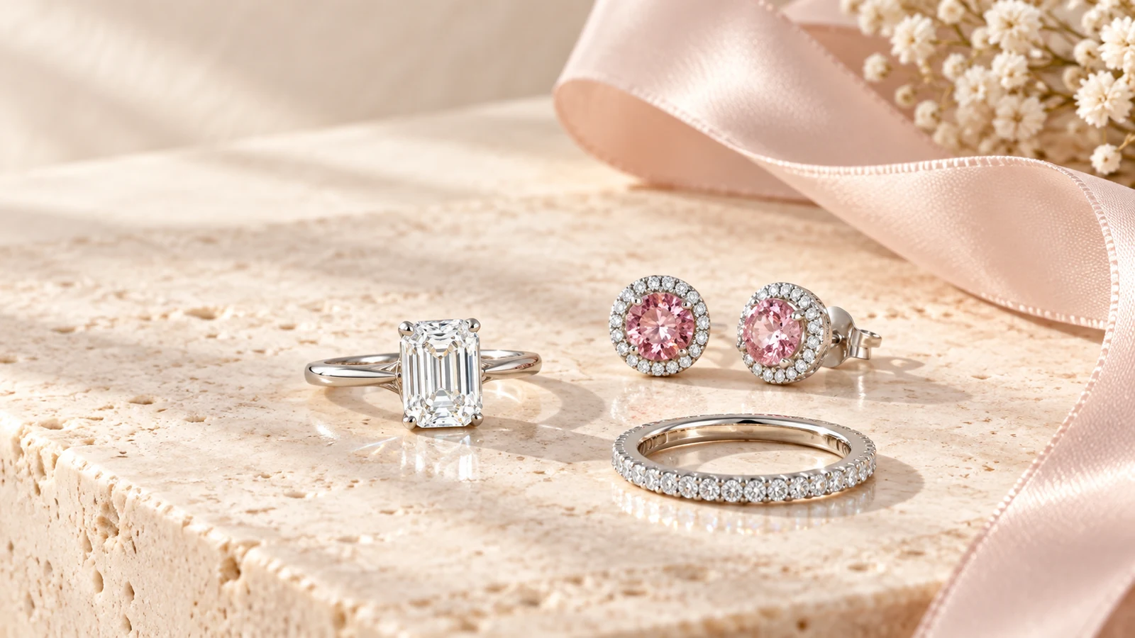 Solitaire ring, pink halo studs, and pave eternity band comparing sparkle density