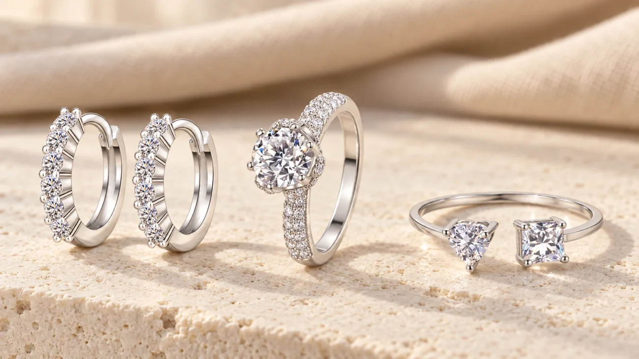 Paired huggie earrings, centered halo ring, and asymmetric bypass ring