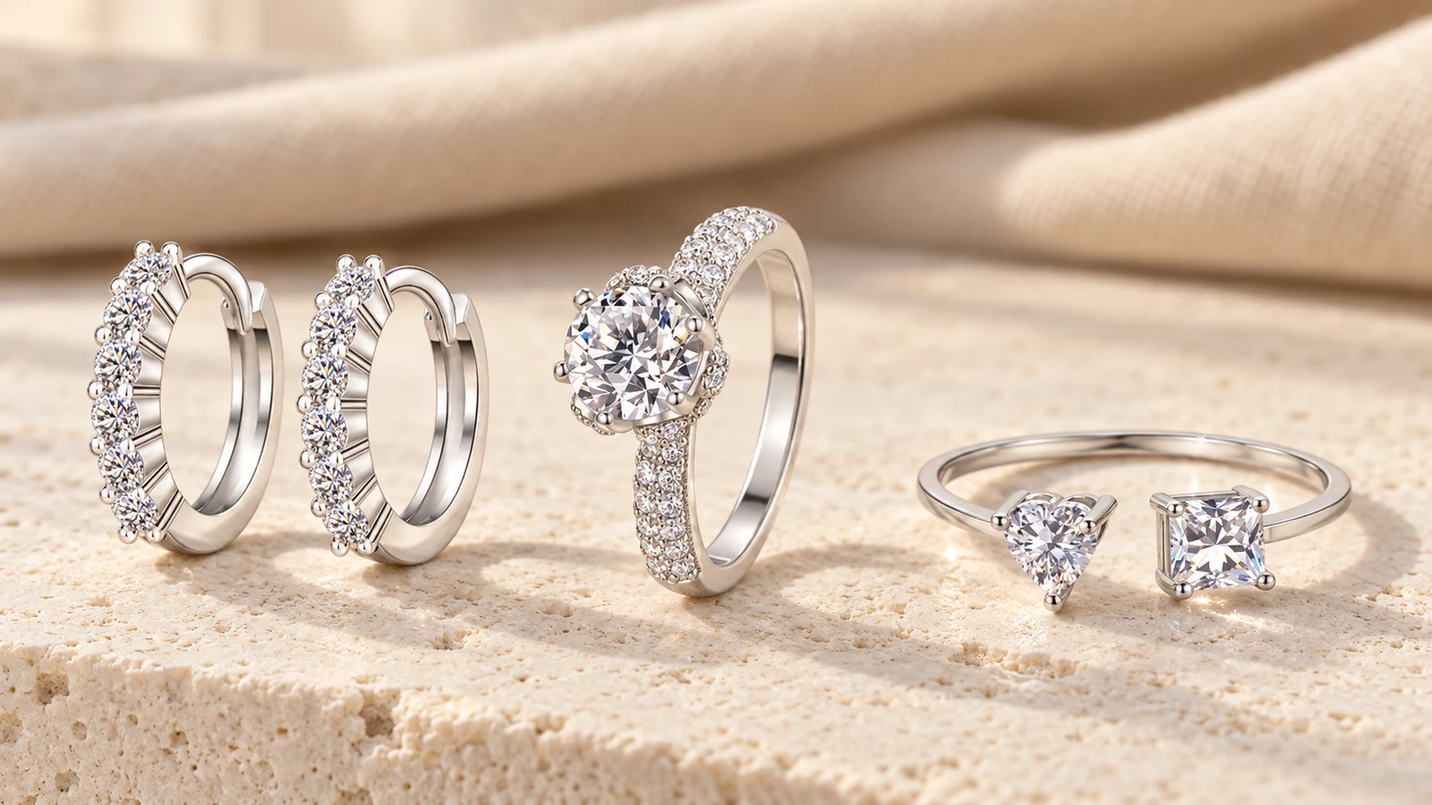 Paired huggie earrings, centered halo ring, and asymmetric bypass ring