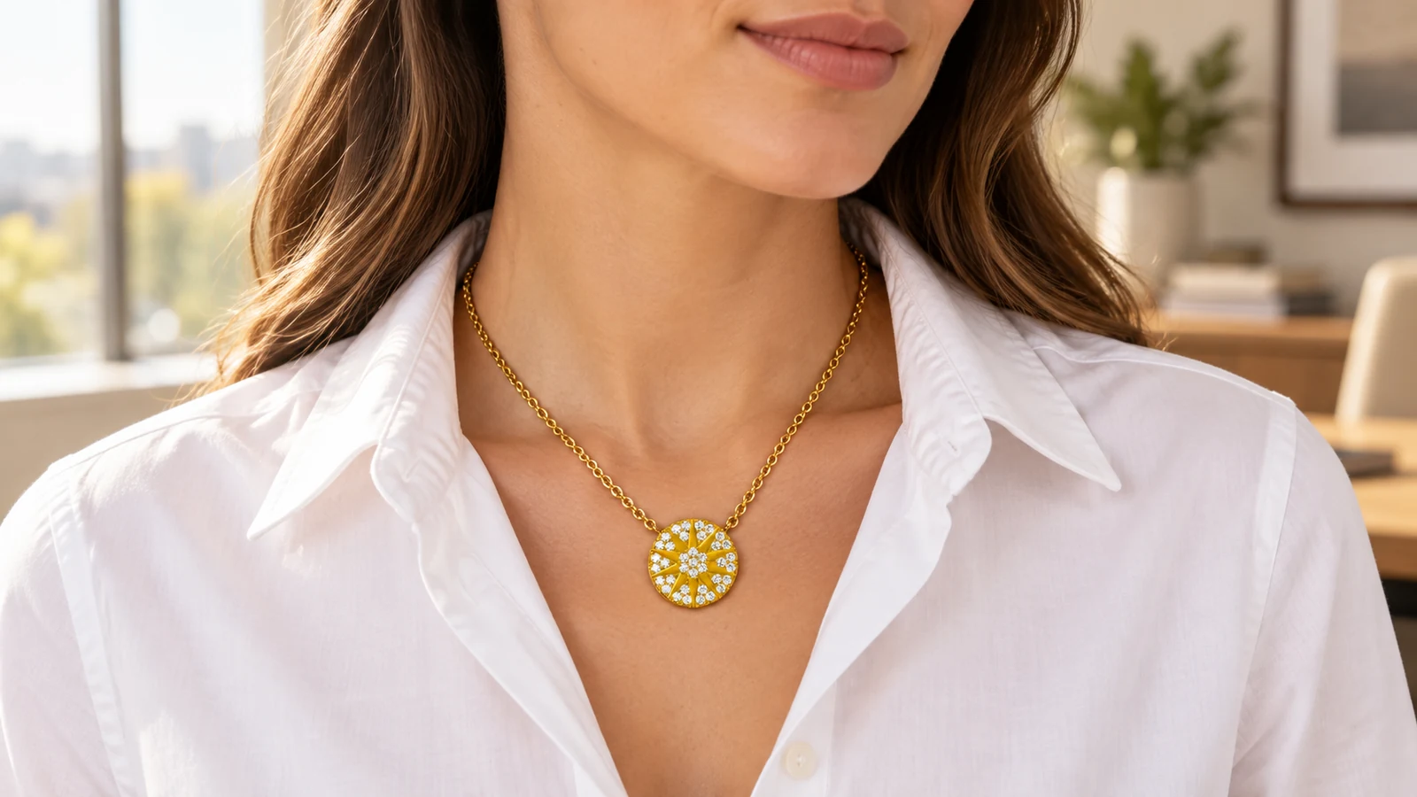 Sunburst moissanite sunshine pendant worn with an open white shirt collar