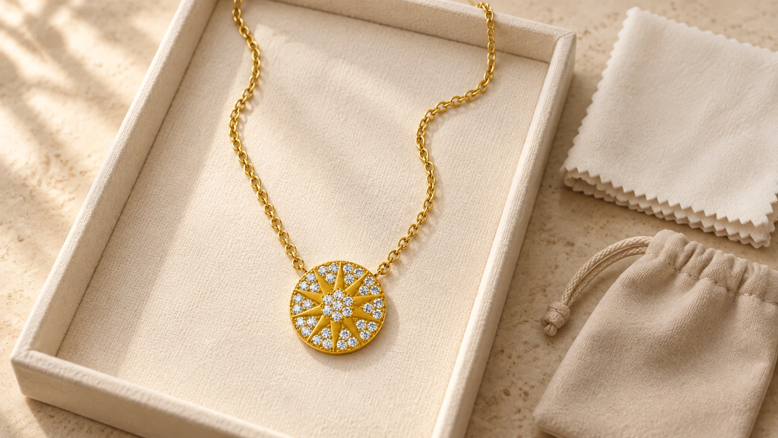 Verified sunburst moissanite pendant stored separately beside a soft cloth