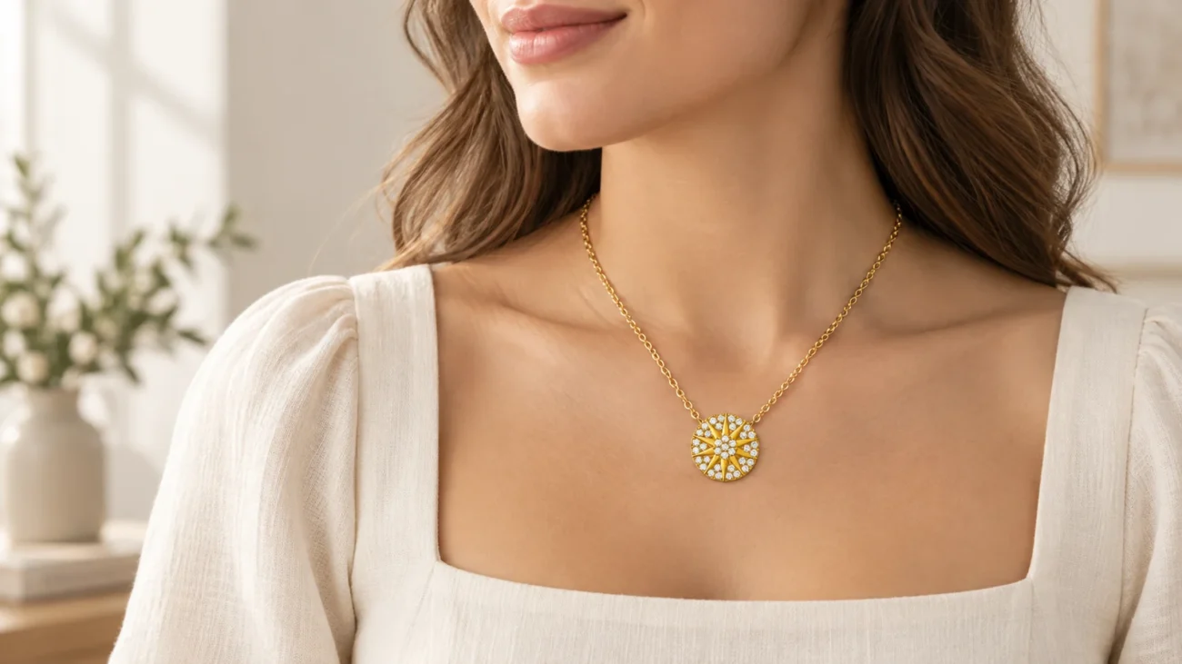 Sunburst moissanite sunshine pendant styled with an ivory square neckline