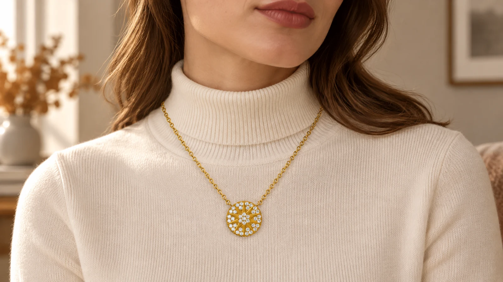 Sunburst moissanite sunshine pendant displayed over a cream turtleneck
