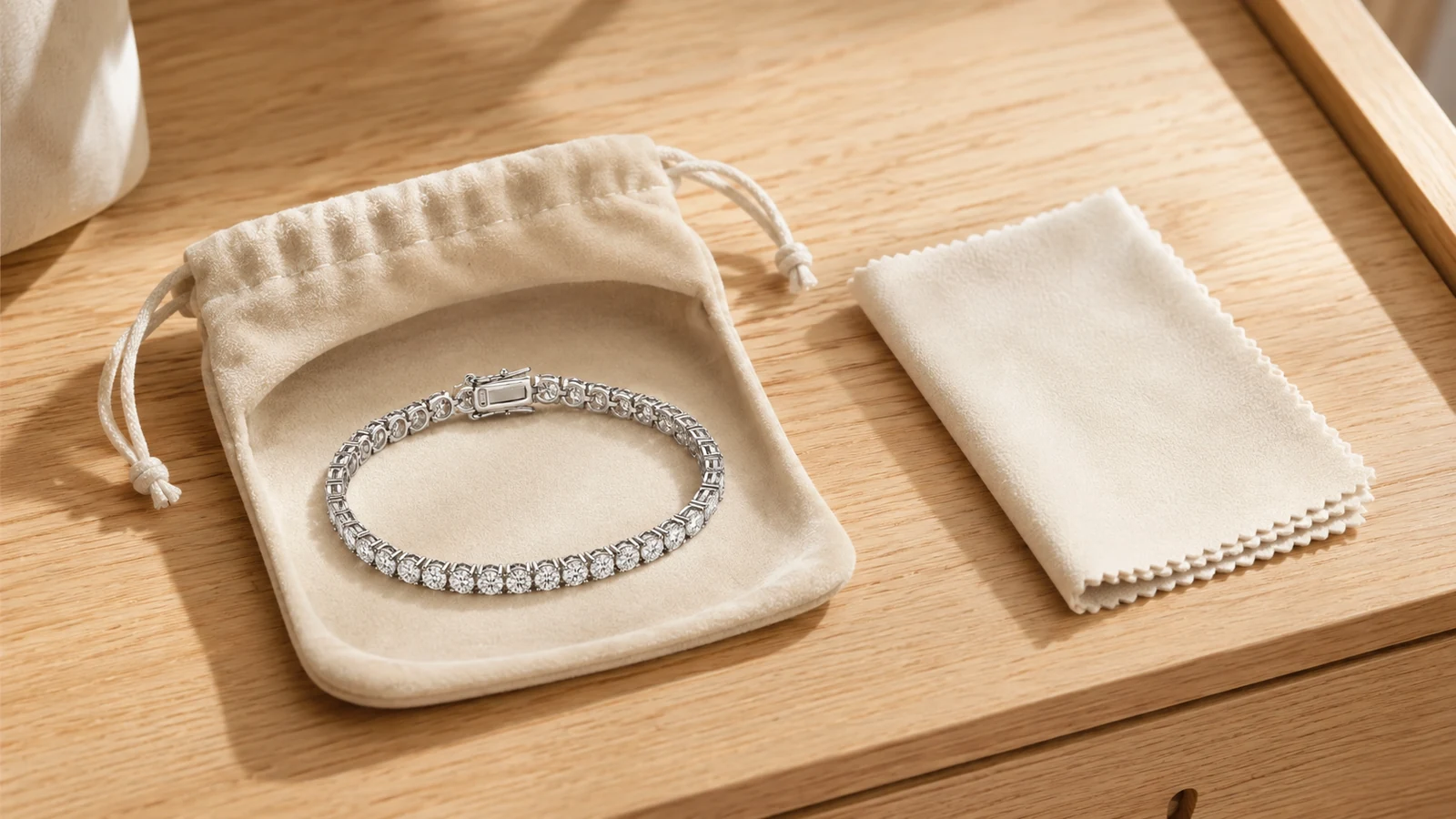 Verified round moissanite tennis bracelet stored separately beside a soft cloth