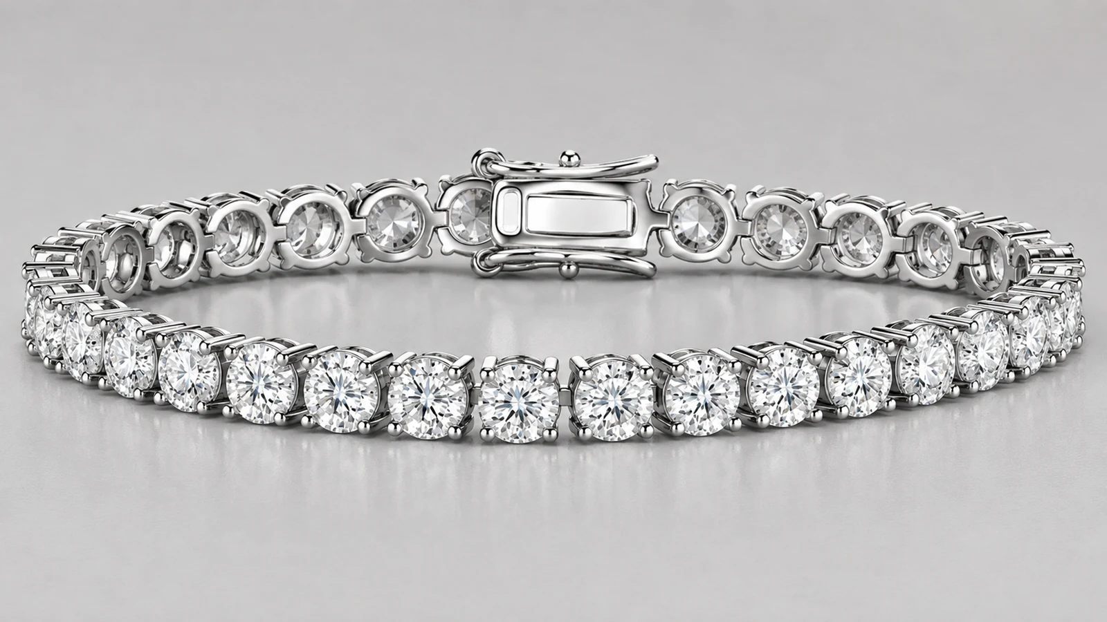 Close view of the box clasp and round open-back links on the verified tennis bracelet