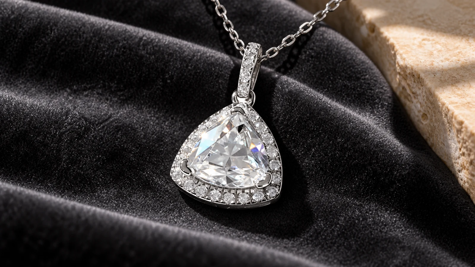 Trillion-cut halo pendant on charcoal velvet