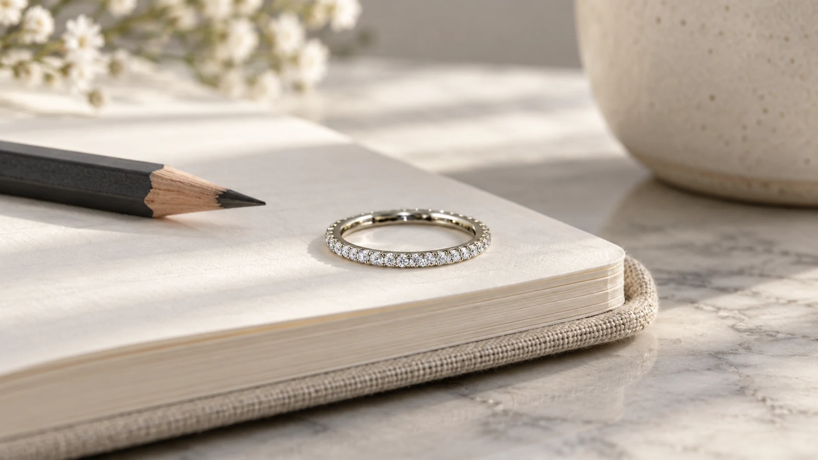 White moissanite pavé eternity band resting on a cream notebook