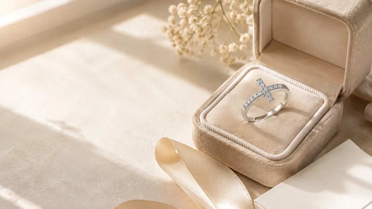 MS0159 X cross ring in a beige gift box on a sunlit neutral table