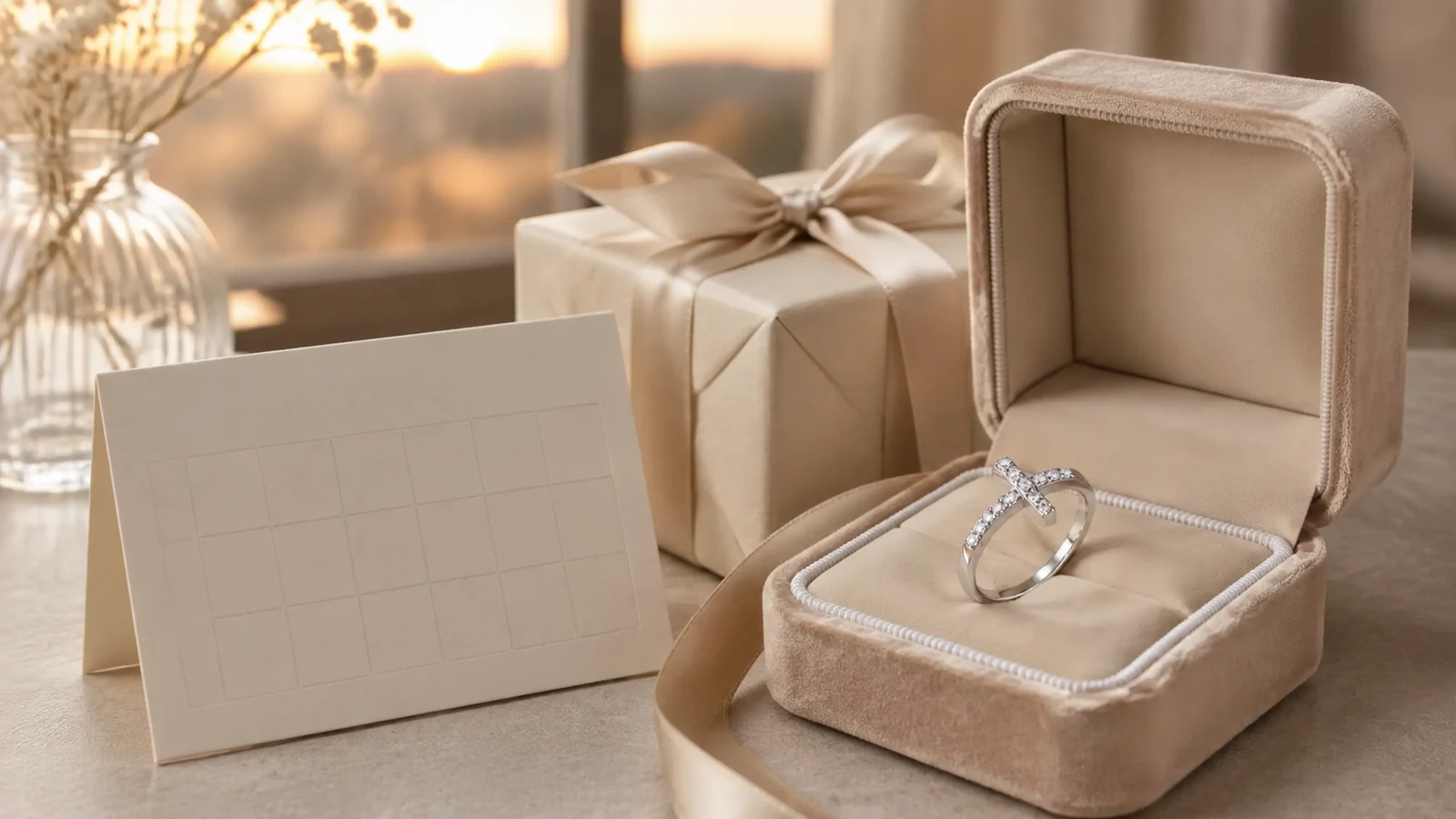 MS0159 X cross ring in a gift box beside a parcel and blank calendar