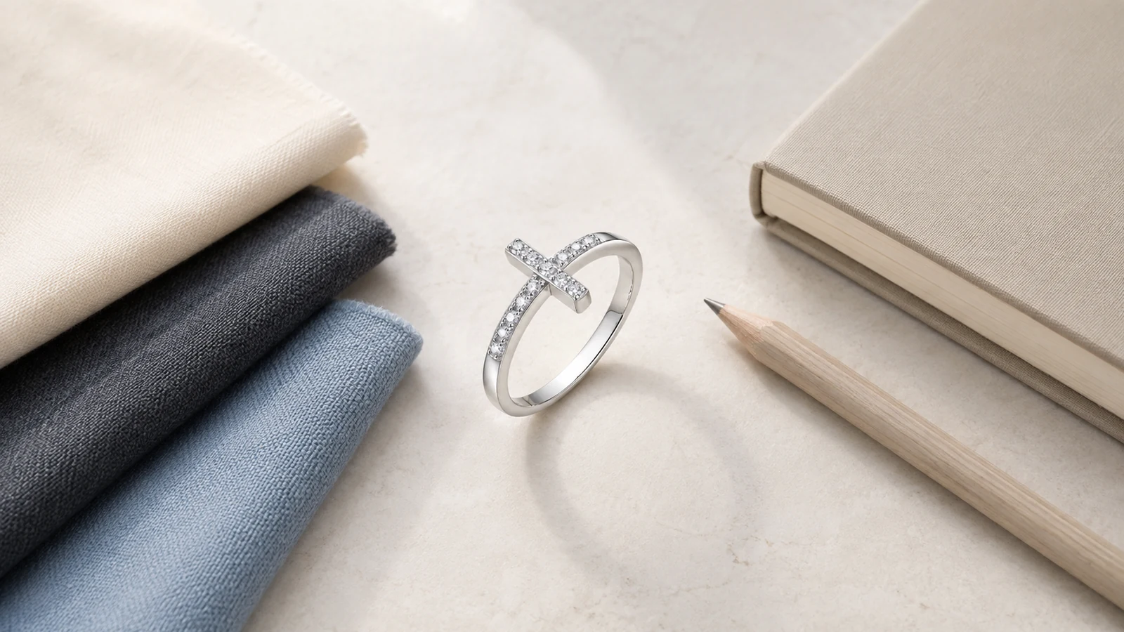 MS0159 X cross ring beside neutral wardrobe swatches and a notebook