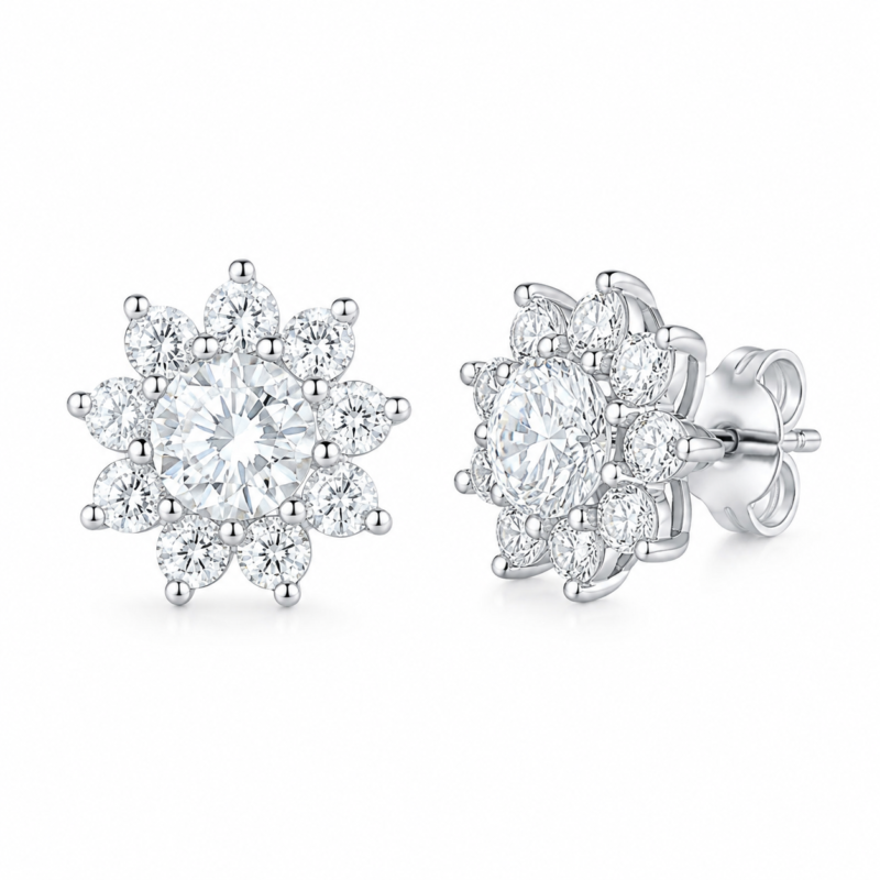 S925 Sterling Silver Floral Halo Moissanite Stud Earrings