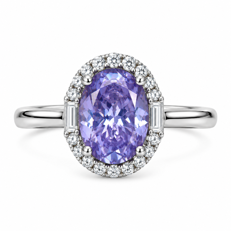 Lavender Oval Moissanite Halo Ring in S925 Sterling Silver