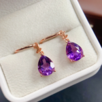 S925 Sterling Silver Purple Pear-Cut Drop Earrings with Butterfly Accents and Rose Gold Plating