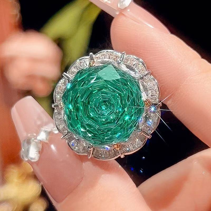 S925 Sterling Silver Green Center-Stone Floral Halo Statement Ring
